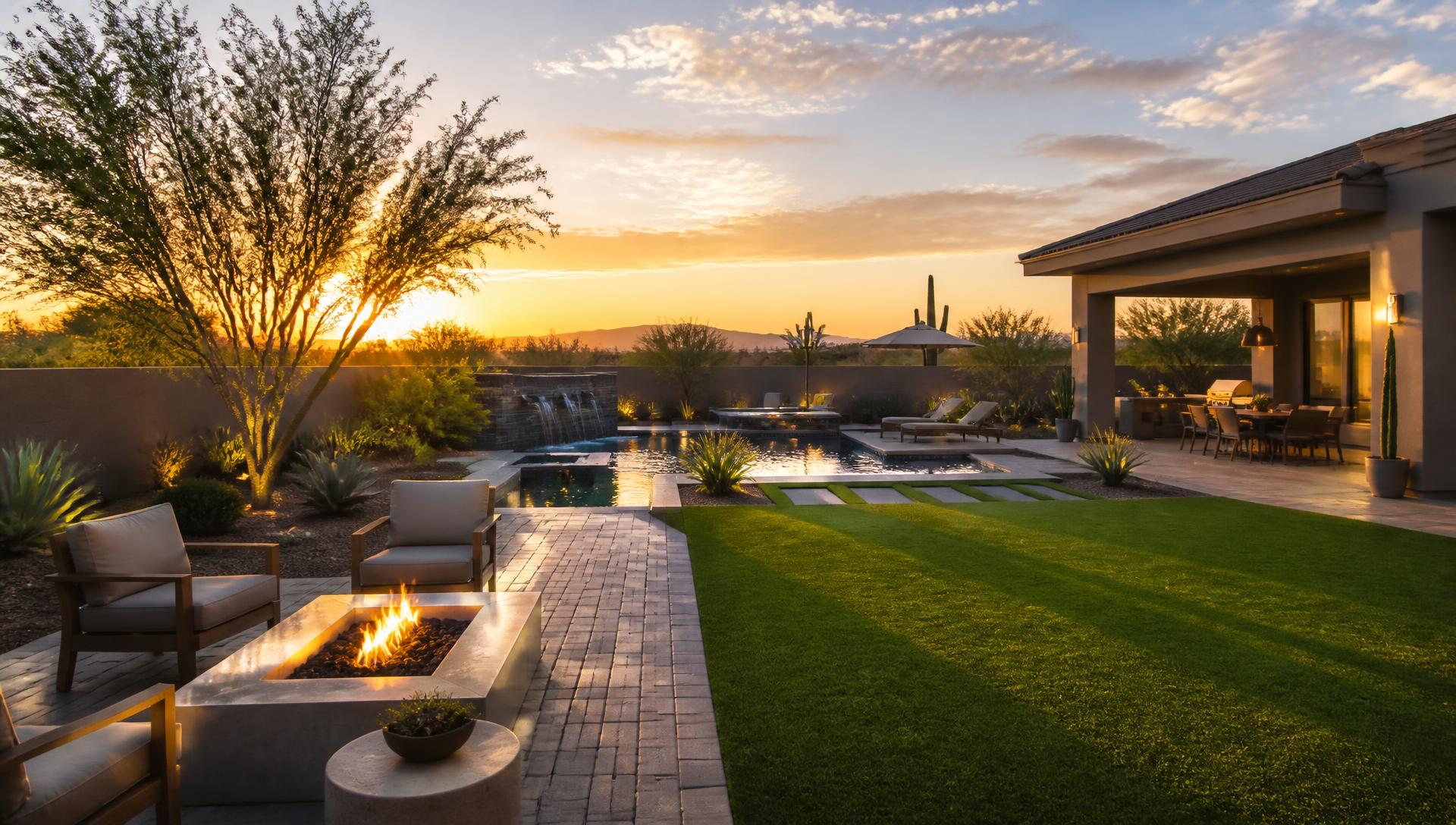 Phoenix backyard with green turf, paver patio and fire pit at sunset