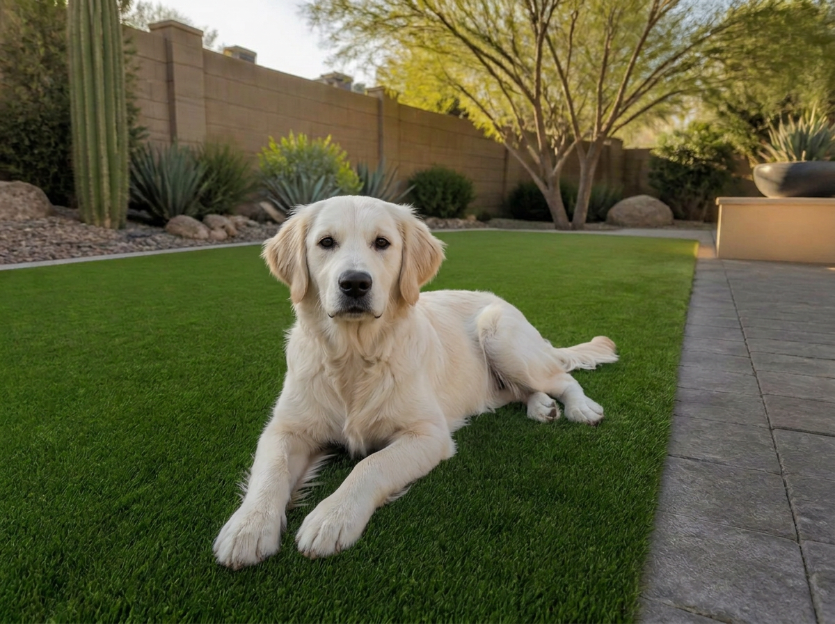 White English Cream Retriever relaxing on pet turf beside a paver patio